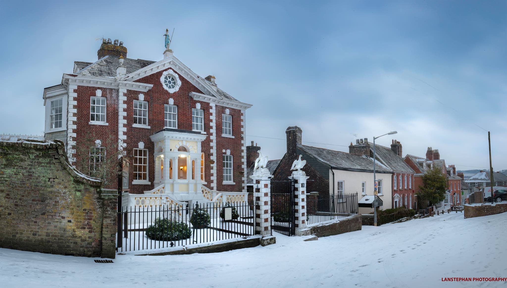The Eagle House in the snow