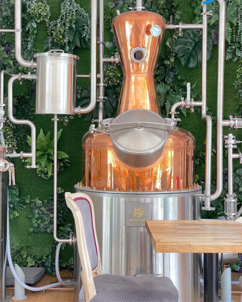 Bob, the working copper still producing Eagle One Gin at Eagle House Hotel & Distillery in Launceston, Cornwall.
